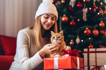 Obraz premium Generative AI : happy woman in a Christmas cap opens the magic box gift