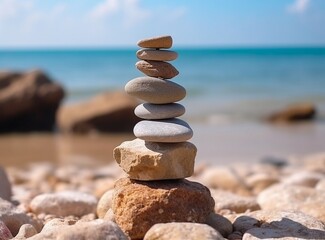 Generative AI : stack of stones in the sand on the beach