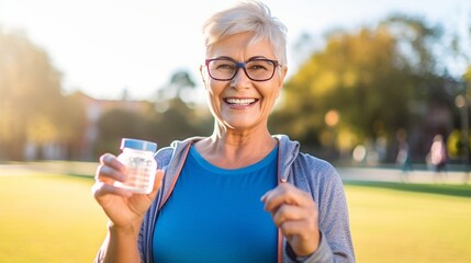 Generative AI : Portrait of happy positive mature woman with broad smile holding water bottle while doing sport in city park active retired female sportsman jogging outside in early morning Healthy li - obrazy, fototapety, plakaty