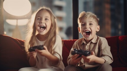 Generative AI : Cheerful little girl and boy laughing while spending time with laptop and playing funny video game together at home