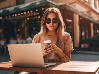 Generative AI : Lovely student girl in glasses sitting with laptop and cup of takeaway coffee outside on terrace