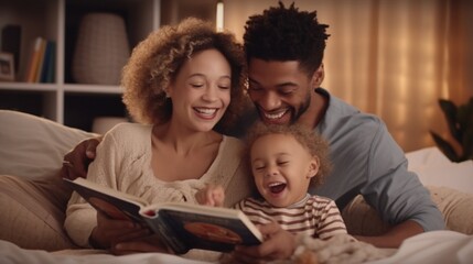 Generative AI : happy family multiethnic mother father and son laughing playingand tickles in bed in bedroom at home - Powered by Adobe