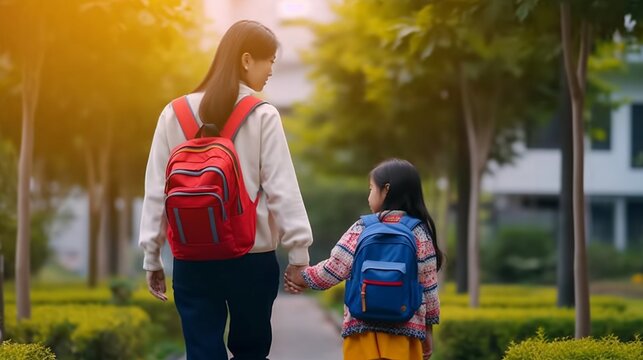 Generative AI : Young loving smiling mother leading son schoolboy with backpack to first grade mom sitting down next to her little child and saying good bye before school while standing together outdo