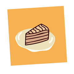 Cheesecake on a plate in cartoon doodle style. Trendy cafe social media post with chocolate cake. Collage banner with orange, yellow background (Full Vector)