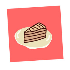 Cheesecake on a plate in cartoon doodle style. Trendy cafe social media post with chocolate cake. Collage banner with red background (Full Vector)