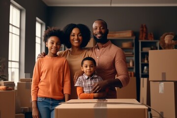 Generative AI : Delighted family parents and kids with stuff standing together during moving in new apartment and looking at camera - obrazy, fototapety, plakaty