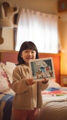 Fototapeta na wymiar Generative AI : young cute girl with a tablet at home in bedroom