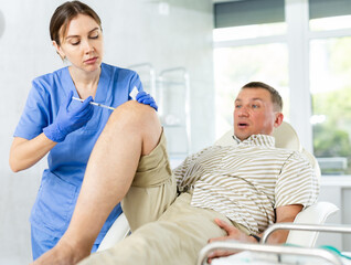 Female surgeon makes an injection with a syringe into the sore knee of a man in the clinic