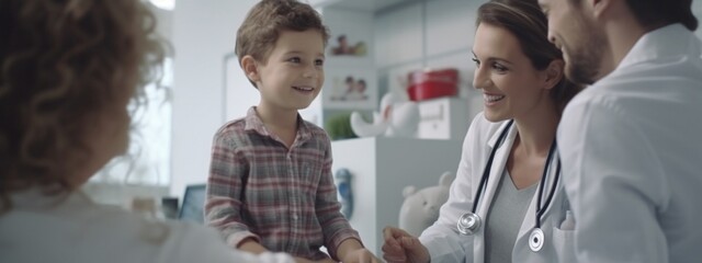 Generative AI : family doctor pediatrician conducts examination of child boy who came with his mother and giving high five to him - obrazy, fototapety, plakaty