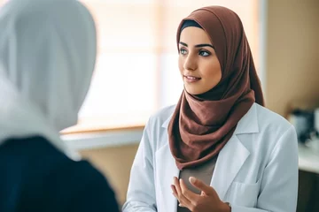 Foto op Plexiglas Generative AI : Islamic woman doctor in traditional religious hijab consulting a patient on phone talking with smartphone and smiling © AI Images