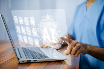 Doctor using technology AI in treatment and AI management digital document data in hospital system. Doctor AI, artificial intelligence in modern medical technology and IOT automation. Doctor using AI