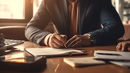 Generative AI : Unrecognizable elderly man analyzing document and writing down data in planner while sitting at desk in home office