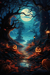 Obraz na płótnie Canvas Halloween spooky background, scary jack o lantern pumpkins in creepy dark forest with bats, spooky trees, moon and old house Happy Haloween ghosts horror gothic mysterious night moonlight backdrop.