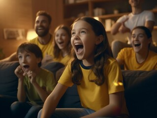 Obraz premium Generative AI : Excited parents and kids with popcorn raising arms and screaming while sitting on sofa and watching sports match at home