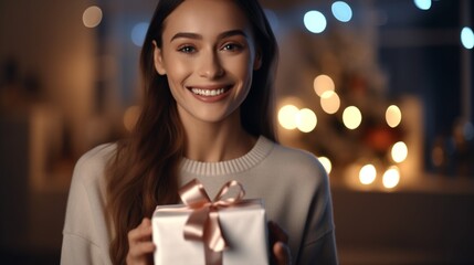 Generative AI : happy woman with magic gifts Christmas night