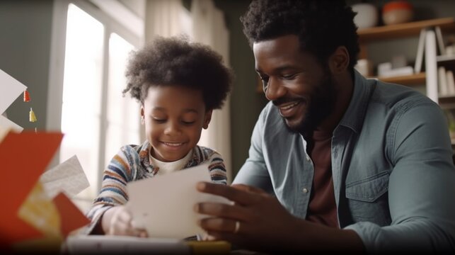 Generative AI : Happy Fathers Day Cute little african american child son congratulating dad and giving him drawing with happy family on paper smiling daddy and kid celebrating holiday at home
