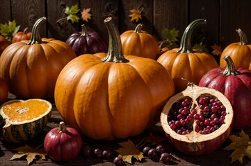 pumpkins and pomegranates on a rustic table, autumn bounty of seasonal fruits, thanksgiving background