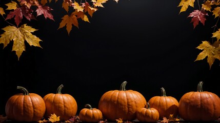 Naklejka na ściany i meble festive thanksgiving background with orange pumpkins and colorful leaves on a black background