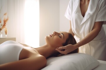 Generative AI : Proffesional masseur doing classic back massage to young attractive woman Female client relaxing with closed eyes in beauty salon or spa center Beauty treatment and healthy lifestyle c - obrazy, fototapety, plakaty