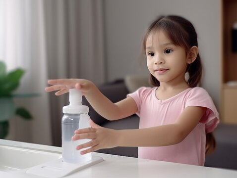Generative AI : Concept of preventing a coronavirus covid19 and viral infections Mother treats hands for her daughter schoolgirl with a sanitizer before school