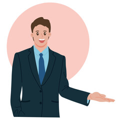 Portrait success bussiness man gesturing showing something for presentation in formal suite illustration