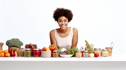 Generative AI : fun happy young woman preparing vegetarian food vegetables isolated on white background