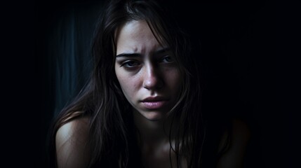 Fototapeta na wymiar Generative AI : sad woman in depression and despair crying on black dark background