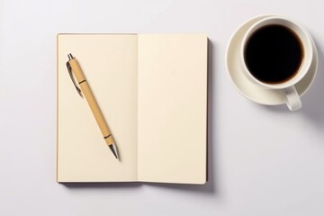 Obraz na płótnie Canvas Generative AI : Open a blank white notebook pen and cup of coffee on the desk