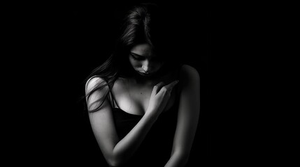 Fototapeta na wymiar Generative AI : sad woman in depression and despair on black dark background