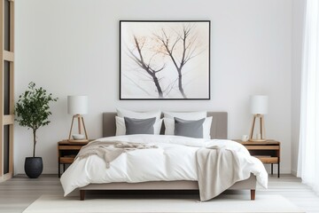 Contemporary style bedroom with an empty picture frame on a white wall. Generative AI