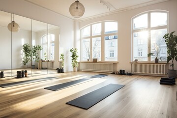 Bright yoga studio with equipment and wooden floors. Health and fitness focus. Generative AI