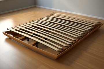 Flexible bed foundation with slats for personalized support and enhanced comfort. Generative AI - obrazy, fototapety, plakaty