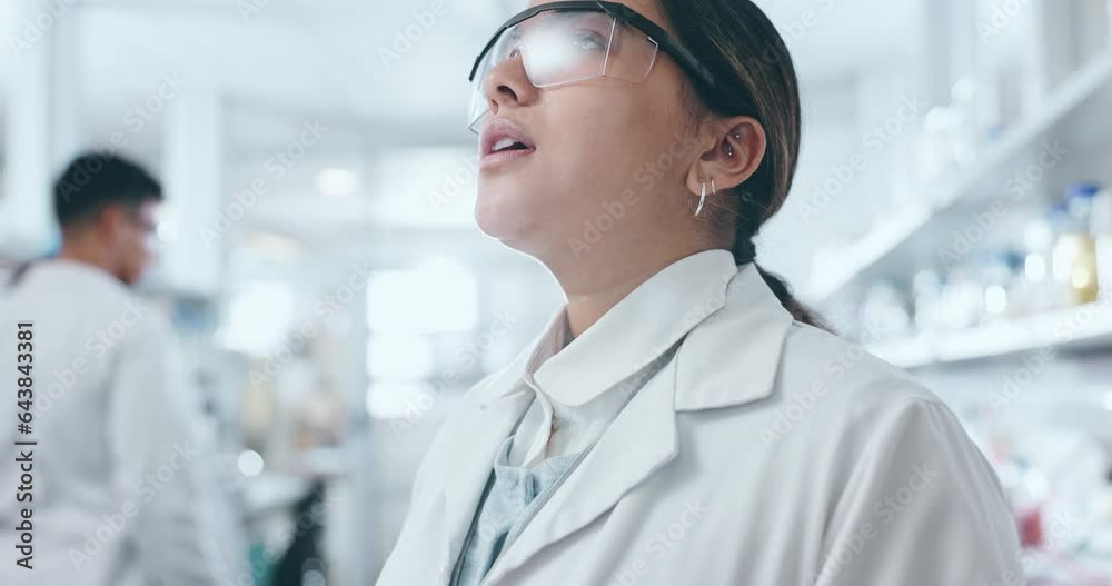 Sticker Science, reading and woman thinking in a laboratory with research, data and pharmaceutical study. Female scientist, working and investigation for medical, healthcare and chemistry work for biotech