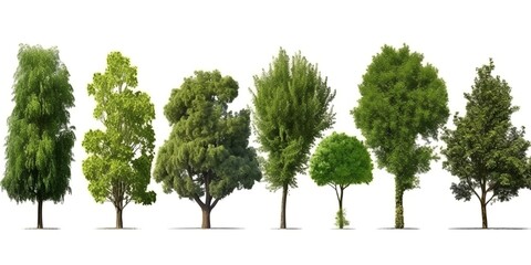 Green trees collection on white background, generative ai.