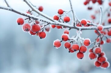 Branch with red berries frozen, generative ai.
