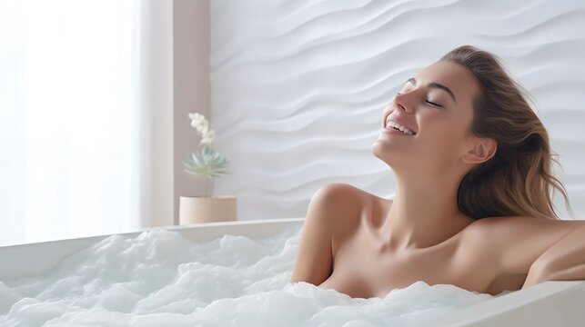 Happy young woman taking bubble bath, generative ai