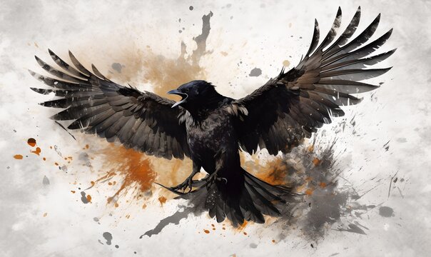 Black crow watercolor painting, generative ai.