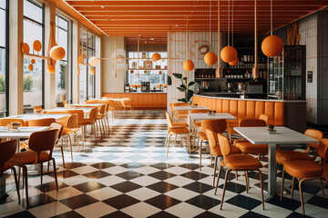 Modern empty coffee shop with trendy 70s interior design