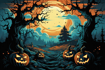 Halloween spooky background, scary jack o lantern pumpkins in creepy dark forest with bats, spooky trees and moon, Happy Haloween ghosts horror gothic mysterious night moonlight backdrop.