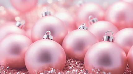 Fototapeta premium Christmas pastel pink baubles closeup. Abstract holiday decor background