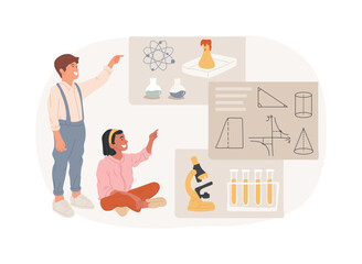 STEM education isolated concept vector illustration. STEM integration, engineering for kids, learning programming process, technology class, chemical experiment, smart children vector concept.