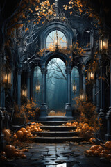 Fototapeta premium Halloween spooky background, scary pumpkins in old big creepy Happy Haloween ghosts horror house evil haunted castle scene. Creepy dark gothic mysterious night dark backdrop concept.