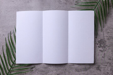 Blank opened tri fold flyer brochure on gray background as template for design presentation, showcase, etc.
