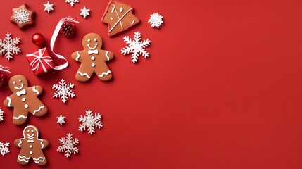 Fototapeta na wymiar Christmas Banner with some presents, gingerbread man, fir tree branches, cookies, decorations on red background, Generative ai