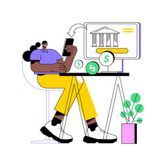 Online transfer isolated cartoon vector illustrations. Woman control online money transfer using computer and smartphone app, remote work, freelancers payroll, digital nomad vector cartoon.