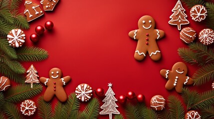 Fototapeta na wymiar Christmas Banner with some presents, gingerbread man, fir tree branches, cookies, decorations on red background, Generative ai