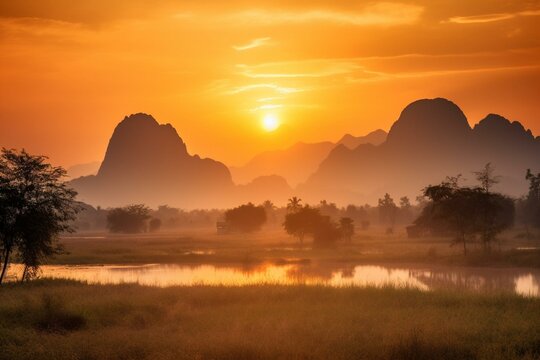 Beautiful sunrise over Vientiane province's karst mountains in Laos. Generative AI