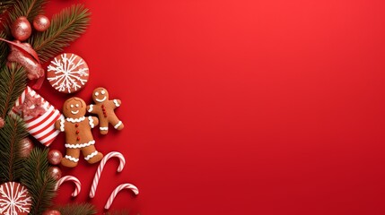 Christmas Banner with some presents, gingerbread man, fir tree branches, cookies, decorations on red background, Generative ai