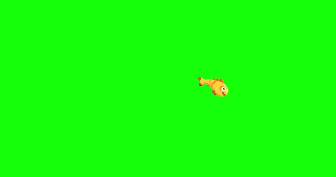 Fish yellow golden jumping no splash cartoon animation green screen. Cute water character animal swimming seamles loop isolated.