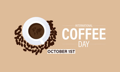 Cup of coffee with coffee beans decoration and sprinkle forming world map . Banner, poster, card, background design template.